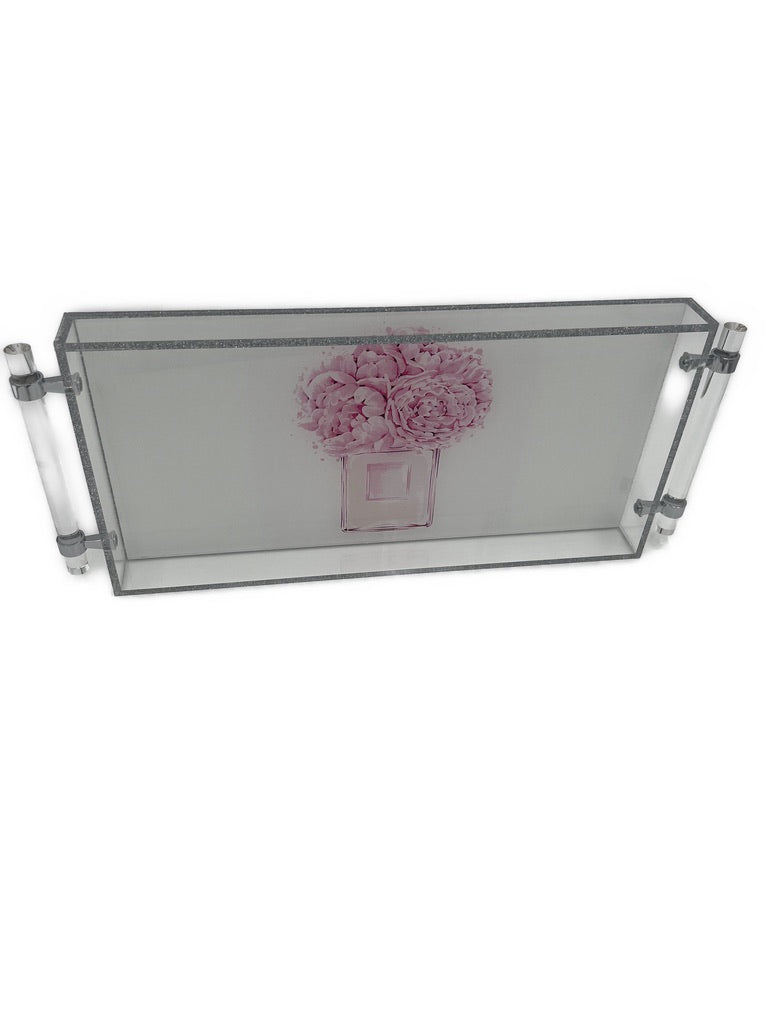 Lucite Tray with Handles- Flower in a Bottle
