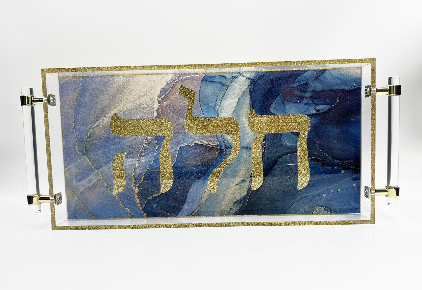 Challah Tray with Handles- Blues Marble 8"by 16".