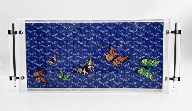 Lucite Tray with Handles- Blue Designer Pattern with Butterflies