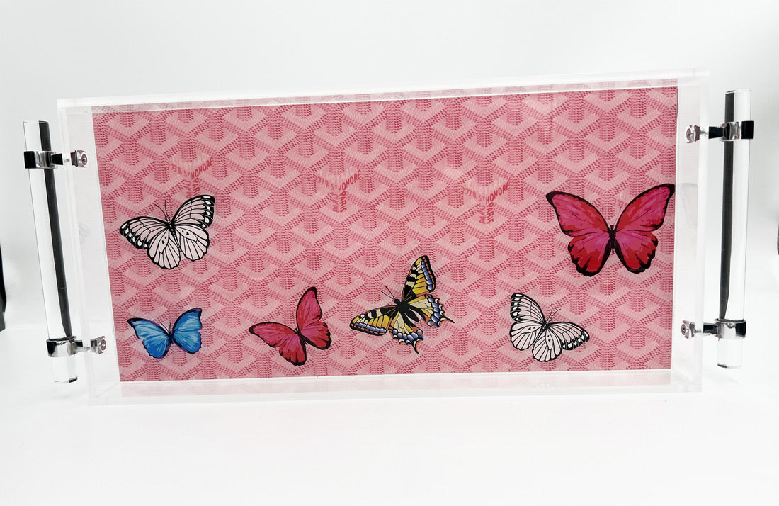 Lucite Tray with Handles- Pink Designer Inspired with Butterflies