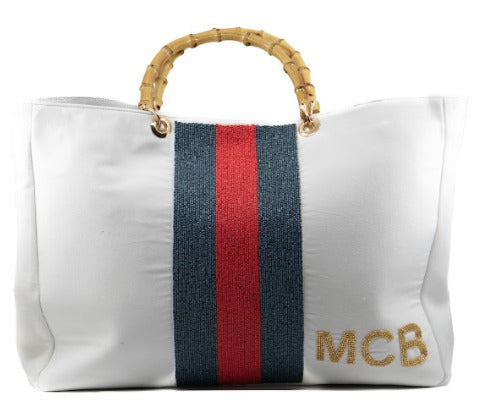 White & Navy Personalized Canvas Tote