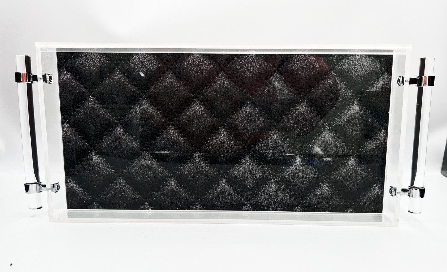 Black Leather Lucite Tray with Handles