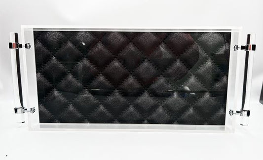 Lucite Tray with Handles- Black Leather Look