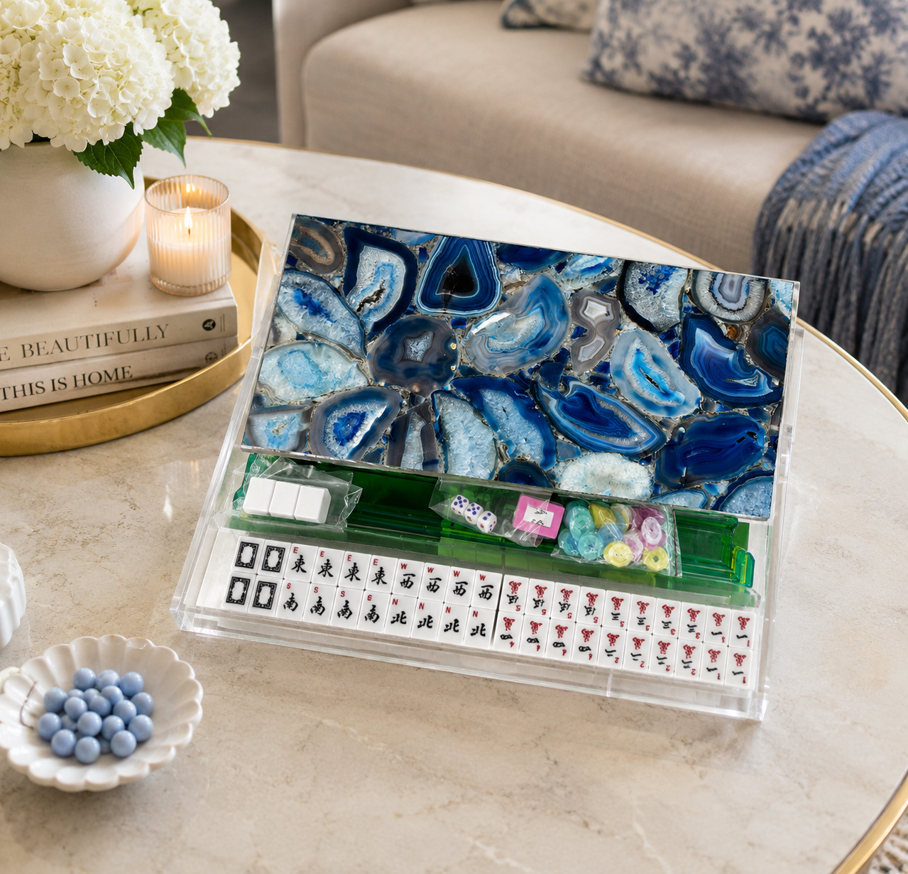 Blue Agate Lucite Mahjong Set