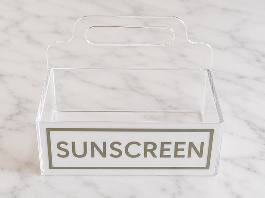 Personalized Lucite Sunscreen Caddy – Custom Pool & Beach Organizer
