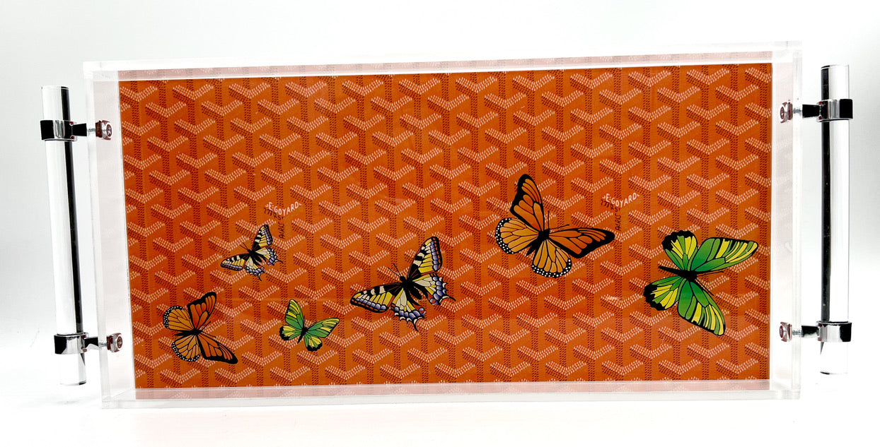 Lucite Tray with Handles- Orange Designer Inspired with Butterflies