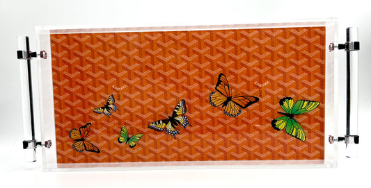 Lucite Tray with Handles- Orange Designer Inspired with Butterflies