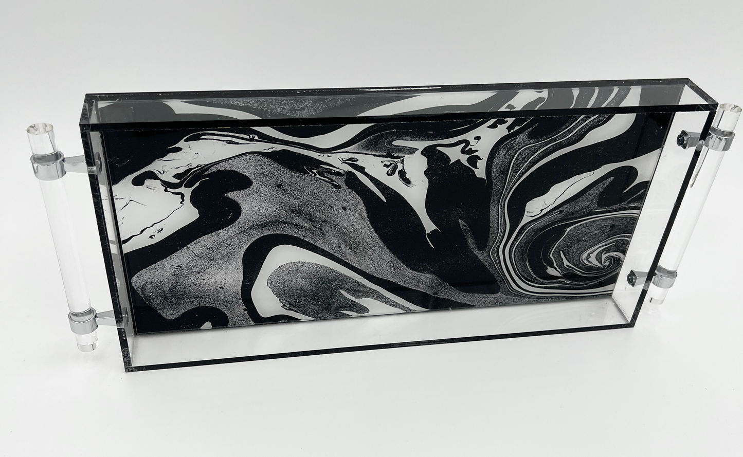 Black & White Swirl Lucite Tray with Handles