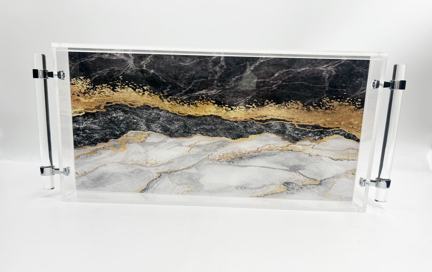 Black and Gold Lucite Tray with Handles