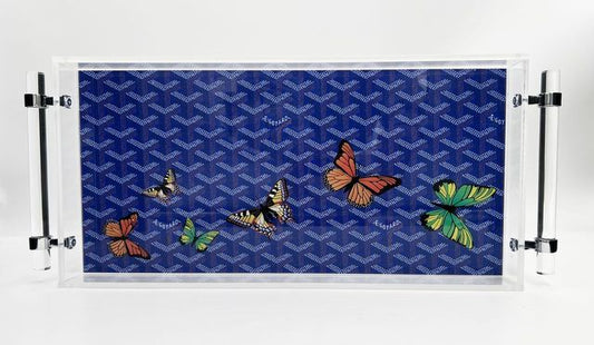 Lucite Tray with Handles- Blue Designer Pattern with Butterflies