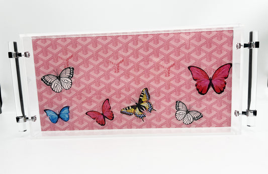 Lucite Tray with Handles- Pink Designer Inspired with Butterflies