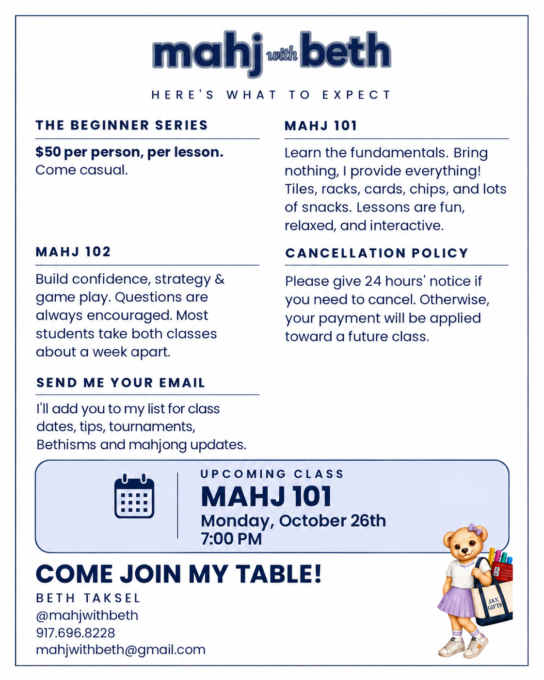 Mahjong Class – Monday, Oct 26 at 7:00 PM