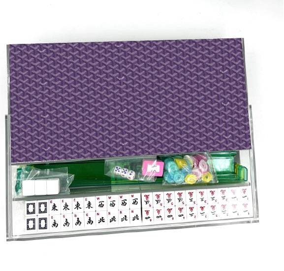 Close-up of the purple Goyard-print mahjong tile design, ready for monogramming.