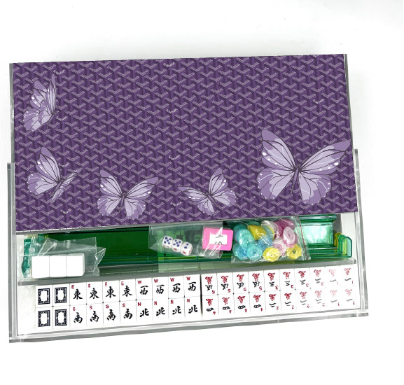 Purple Goyard-inspired mahjong tile pattern with butterfly accents, available personalized.