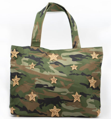 Olive Camo & Gold Stars Personalized Canvas Tote