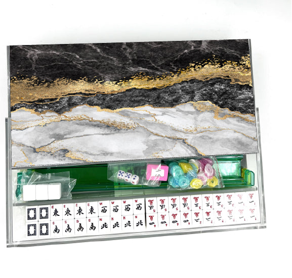 Black & White Gold Marble Lucite Mahjong Set