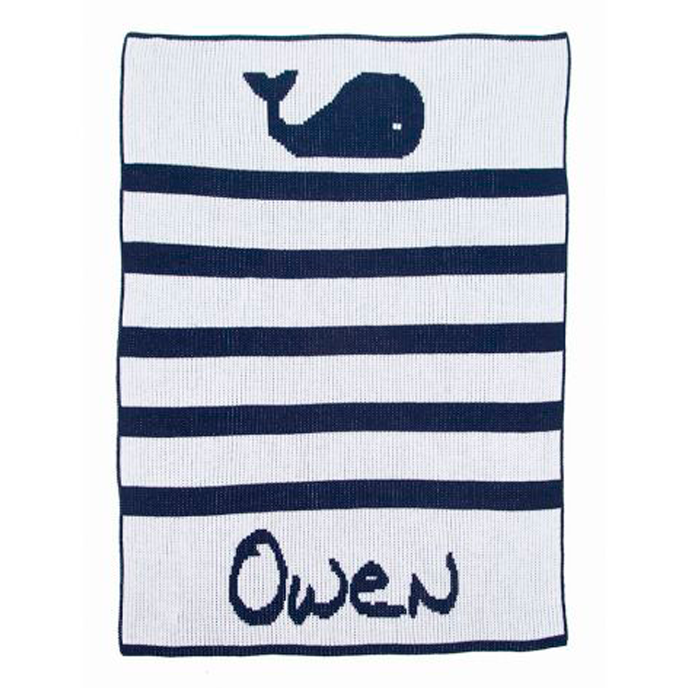 Personalized Whales and Stripes baby blanket from Jax Gifts