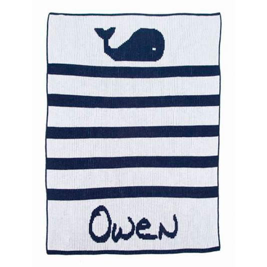 Personalized Whales and Stripes baby blanket from Jax Gifts